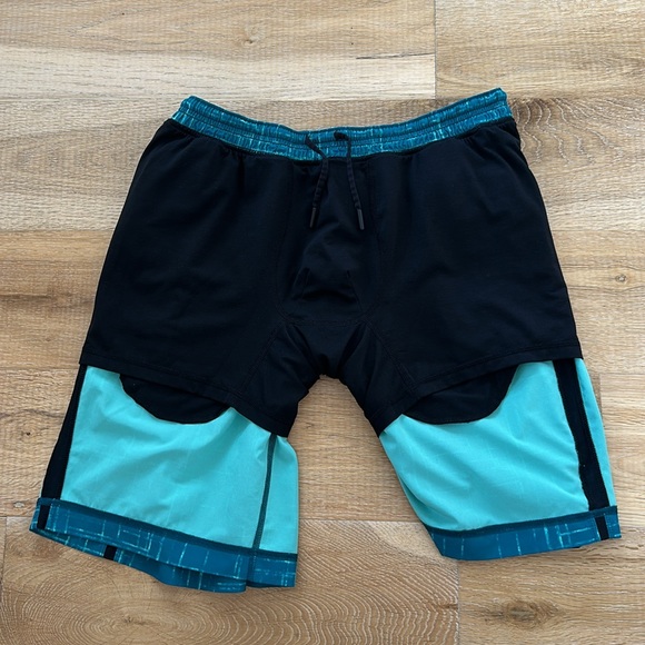 Lululemon Pace Breaker Teal Blue Black Design Shorts with Liner L/XL - Picture 7 of 11